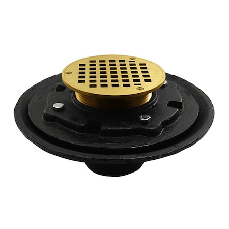 Jones Stephens 3in Heavy Duty No Hub Floor Drain/Shower Drain, 10in Pan, 5in Polished Brass Round Strainer D80201
